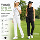 Women’s PGM golf pants in white and black, full-length flared leg.