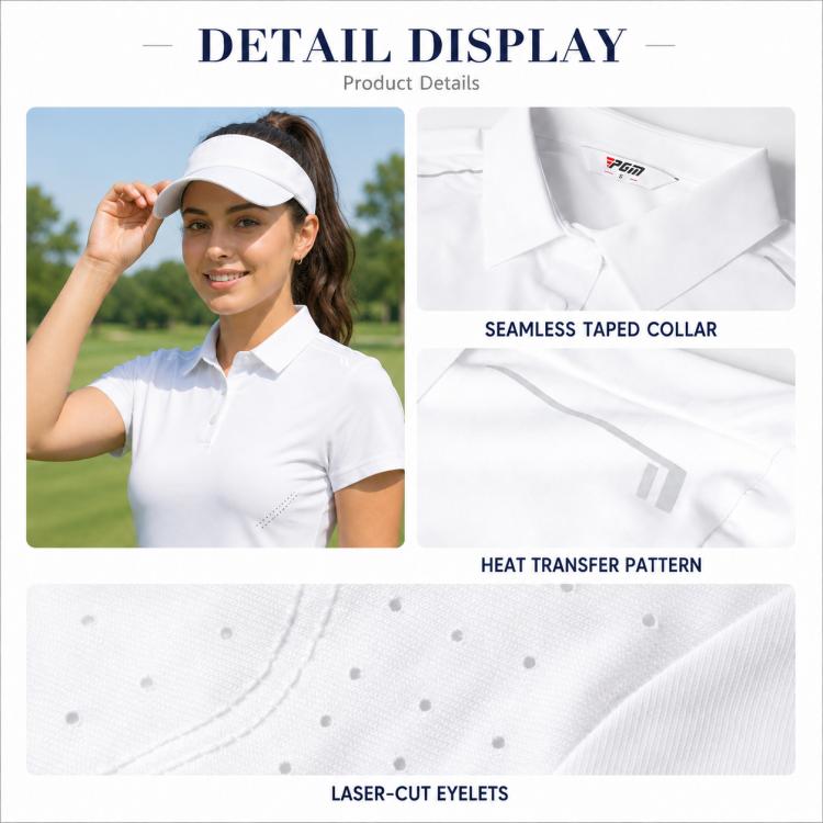 White polo shirt details: taped collar, heat-transfer pattern, laser-cut eyelets