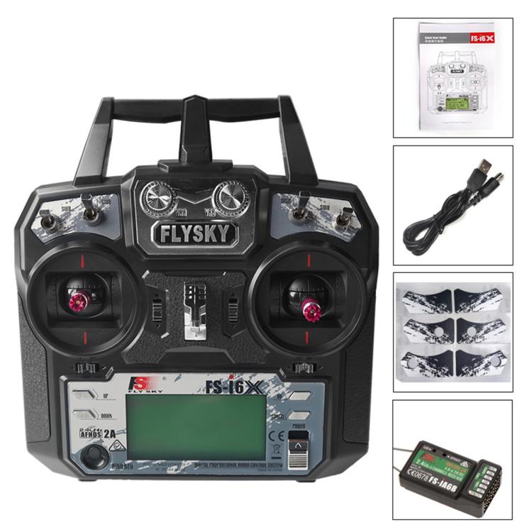 FlySky FS-I6X remote transmitter with LCD screen, two joysticks, and antennas