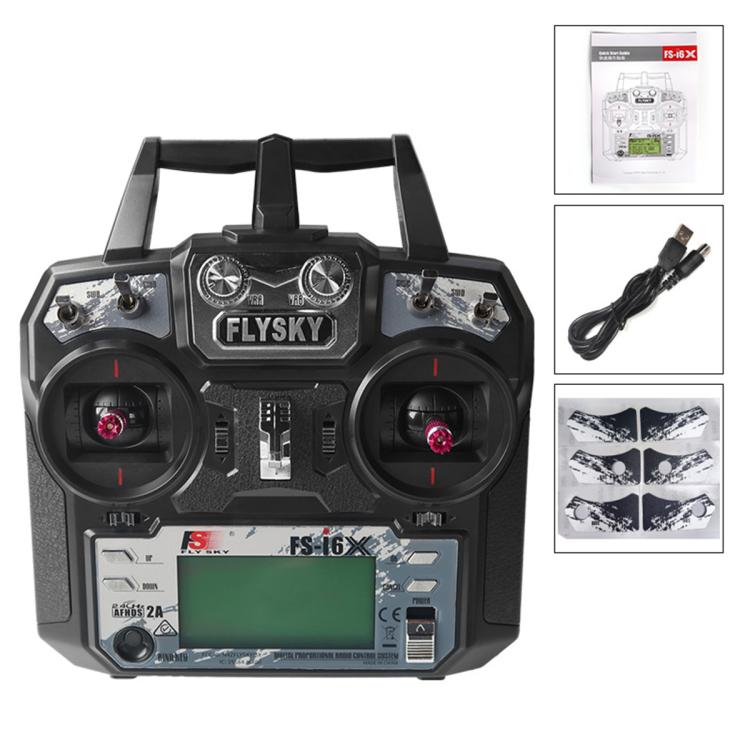 FlySky FS-I6X transmitter featuring LCD screen, two joysticks, and antenna holders