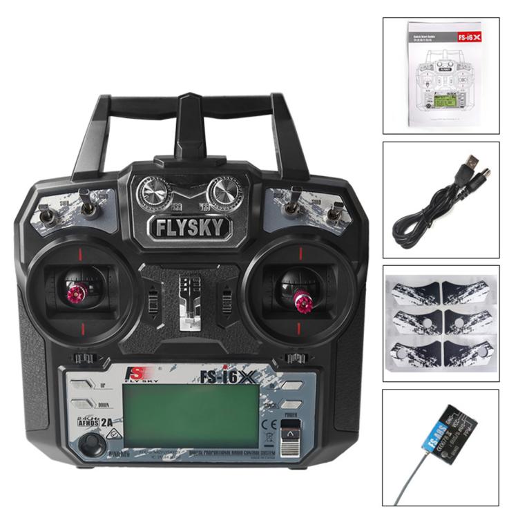 FlySky FS-I6X remote transmitter front view with green LCD and control switches
