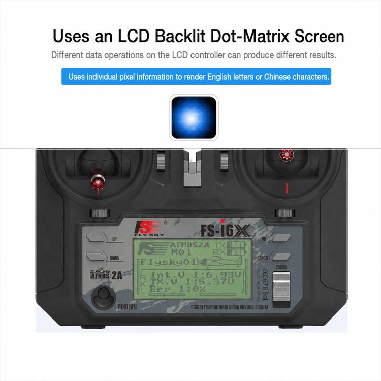 FlySky FS-I6X LCD backlit dot-matrix display on front panel