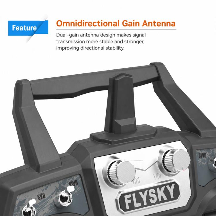 FlySky FS-I6X omni gain antenna with dual-gain design on controller