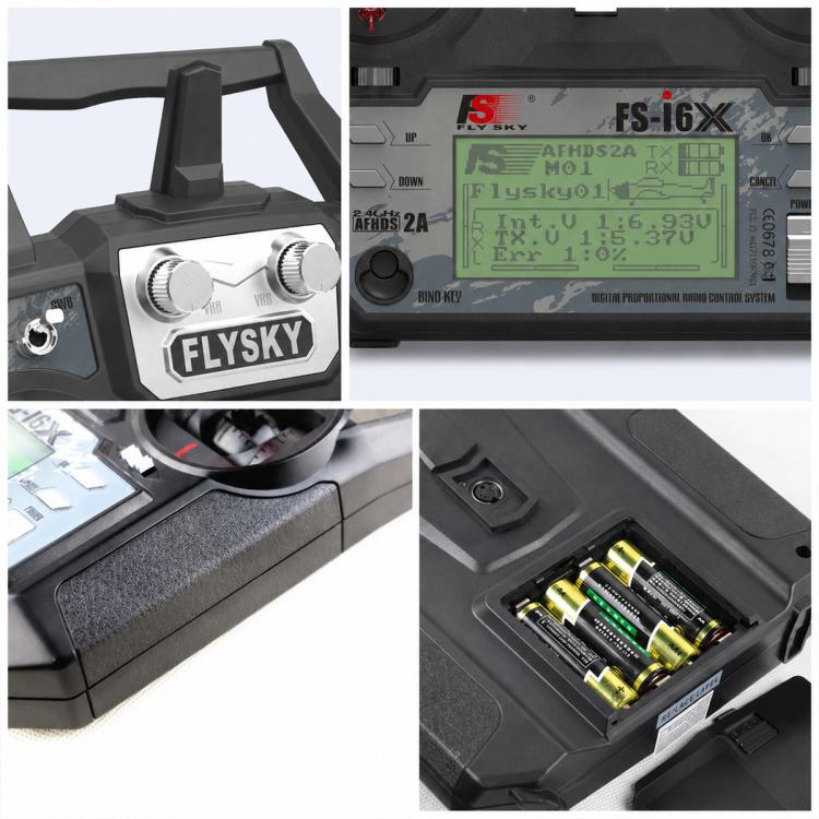 FlySky FS-I6X close-up of logo, LCD screen, and open battery compartment