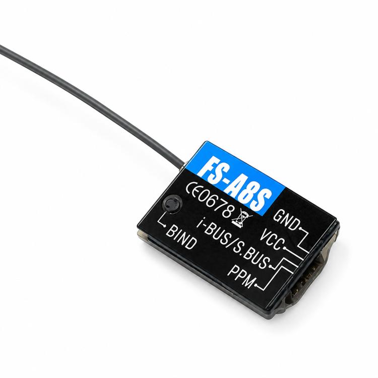 FlySky FS-A8S V2 mini receiver, black board with blue label and antenna lead