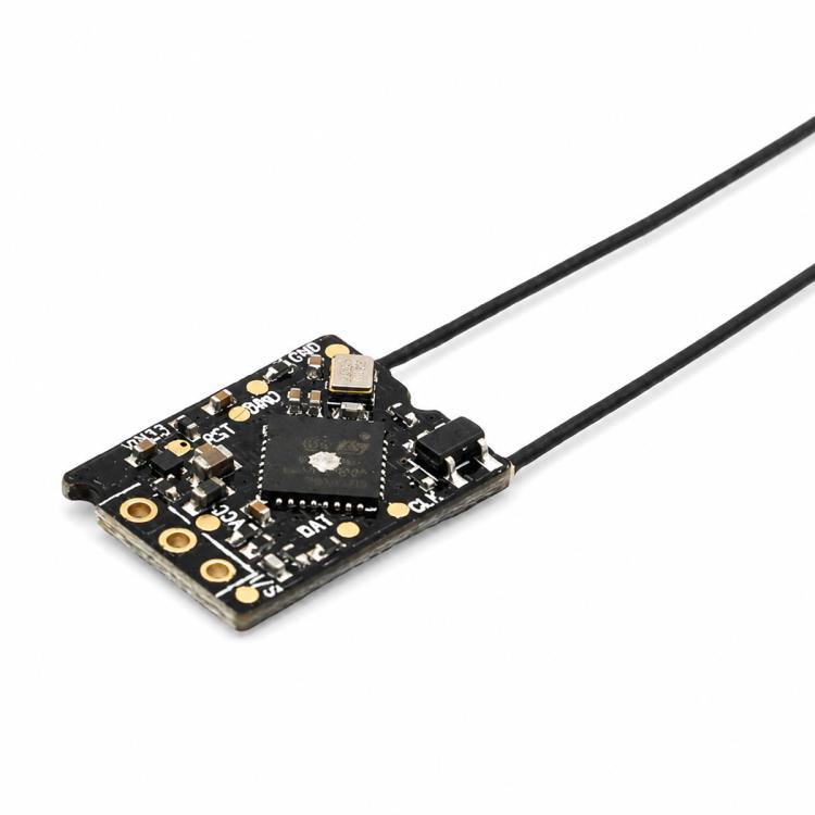 RC receiver circuit board with black dual antenna wires and gold pin connectors
