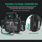 RC radio transmitter with ergonomic tray base and textured hand-grip handles