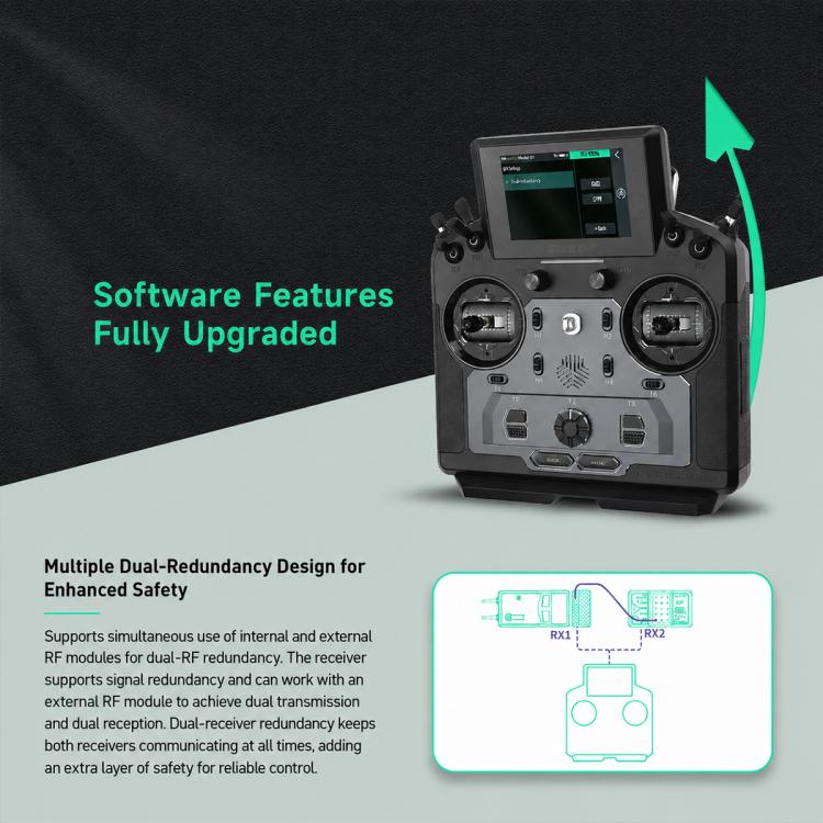 RC radio transmitter front view with dual control dials and dark touchscreen display
