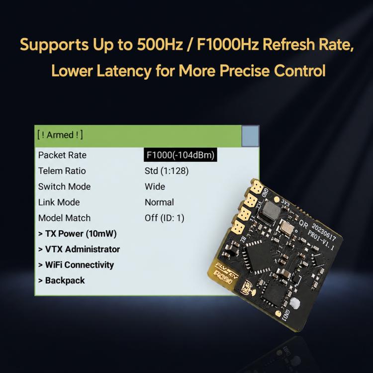 ELRS receiver board with gold pin antenna ports and status LED