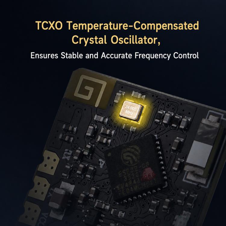 Receiver PCB with TCXO crystal oscillator component and gold antenna pads