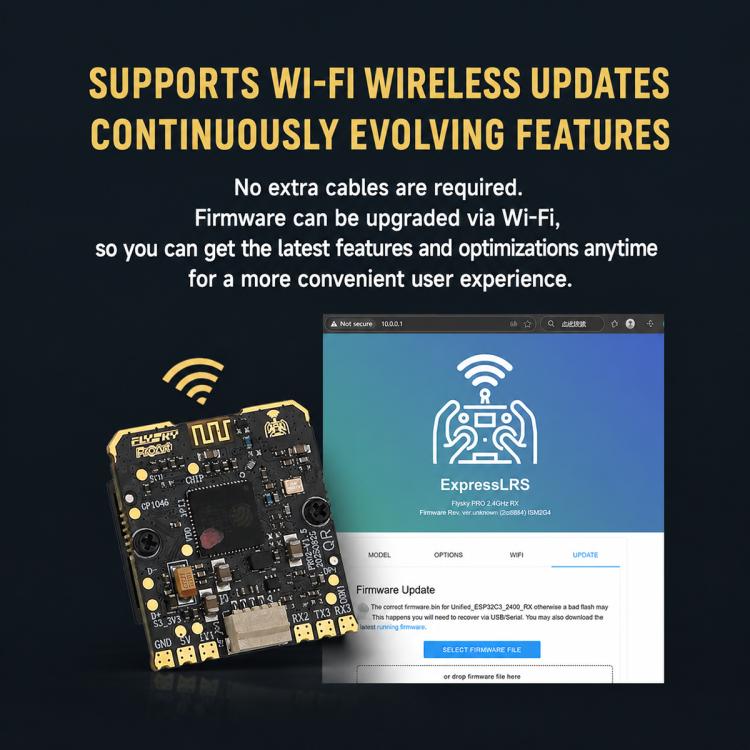 ELRS diversity receiver PCB with Wi-Fi update interface, close-up