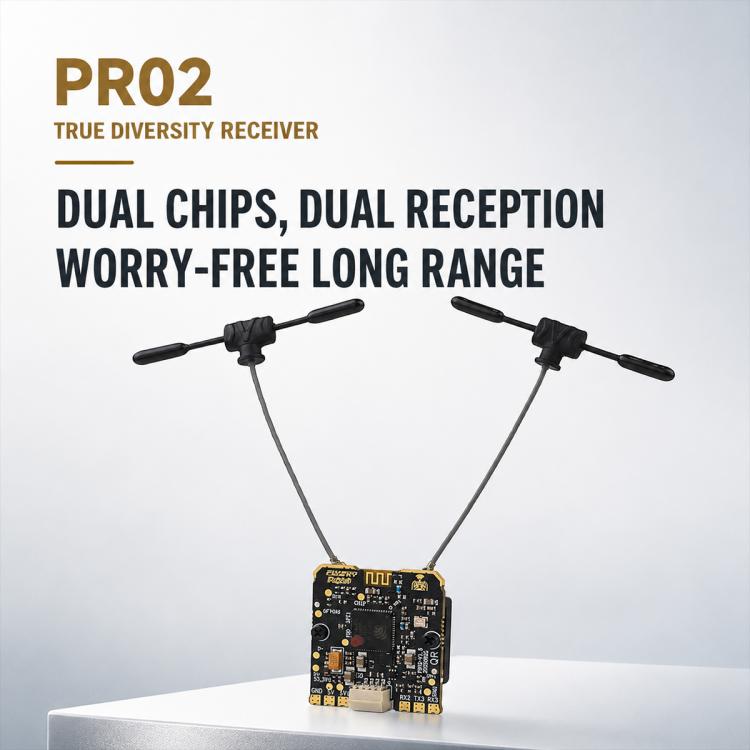 ELRS diversity receiver module with two black antennas, front view
