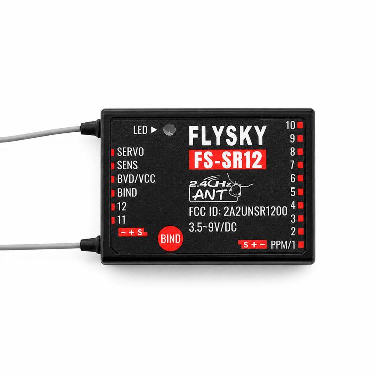 RC dual-antenna receiver with LED panel and antenna wires, FlySky FS-SR12