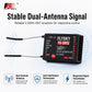 FlySky FS-SR12 receiver with dual external antennas and labeled front LED panel