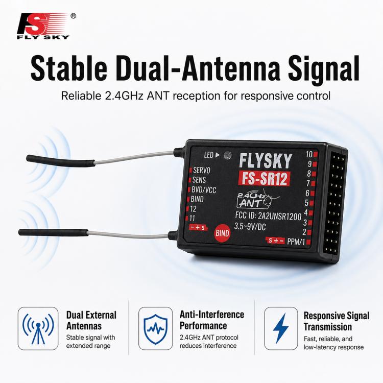 FlySky FS-SR12 receiver with dual external antennas and labeled front LED panel
