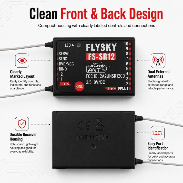 FlySky FS-SR12 receiver back side with antenna connectors and CE marking