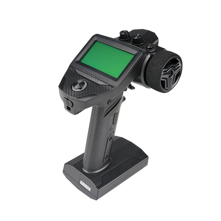 RC remote controller with green LCD screen and dual-top controls, black FlySky G7P+
