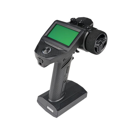 RC remote controller with green LCD screen and dual-top controls, black FlySky G7P+