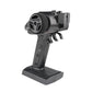 Black RC remote controller from side view with textured grip and top dials, FlySky G7P+
