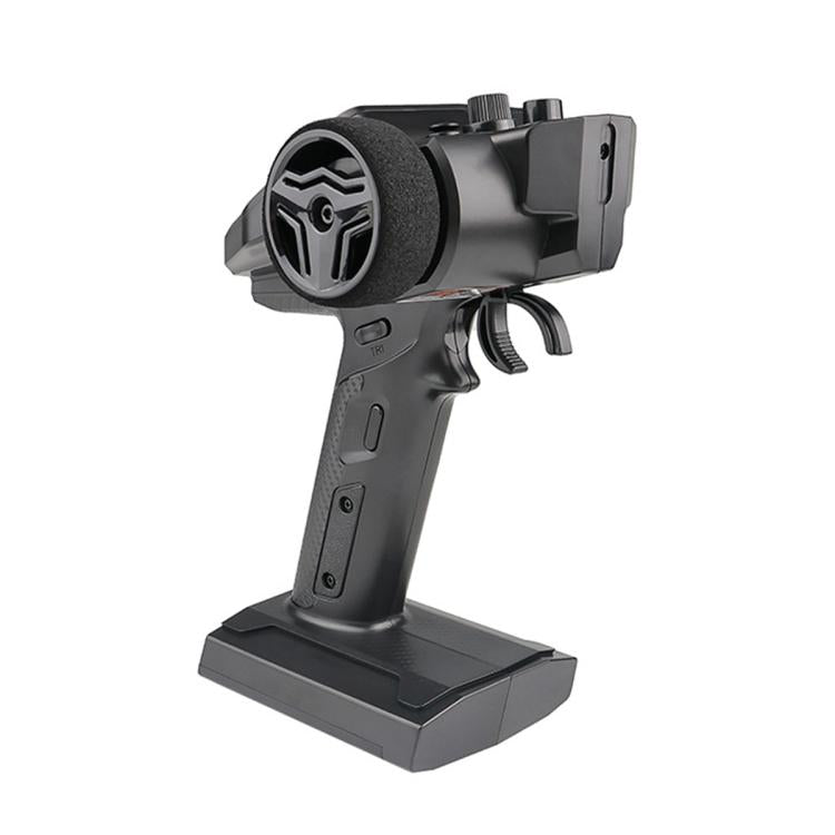 Black RC remote controller from side view with textured grip and top dials, FlySky G7P+