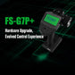FlySky G7P+ RC transmitter with green LCD screen, front-left angle on stand