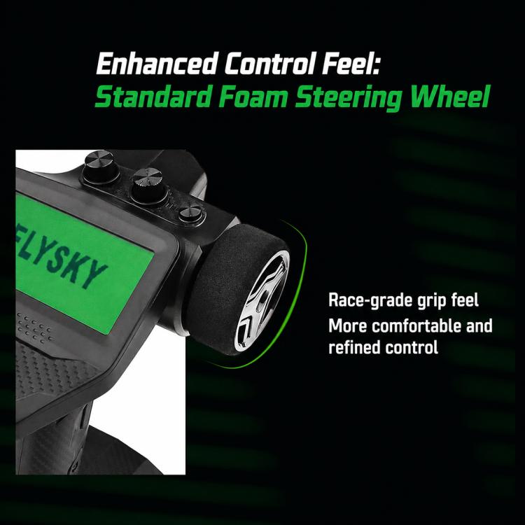 FlySky G7P+ RC transmitter close-up of steering wheel grip and green LCD screen