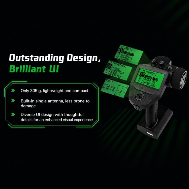 FlySky G7P+ RC transmitter with green LCD screen and compact front design