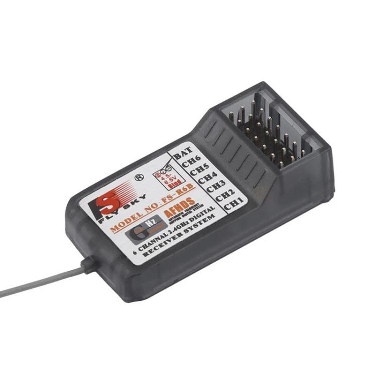 FlySky FS-R6B 2.4GHz 6CH receiver, black case with label and gold pin connector
