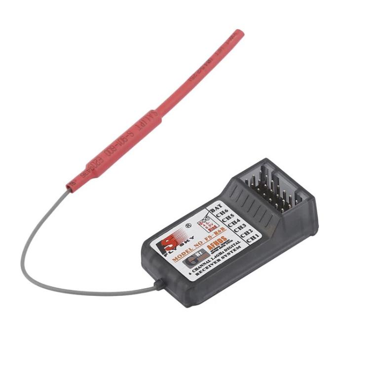 FlySky FS-R6B 2.4GHz 6CH receiver with red antenna cable and gold pin connector