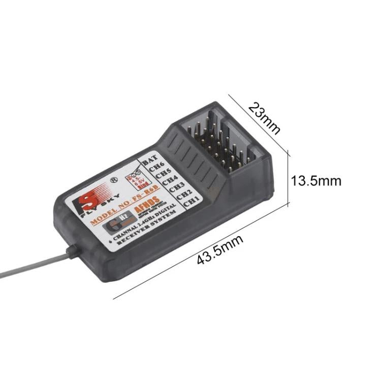FlySky FS-R6B receiver with size marks and gold pins, black case