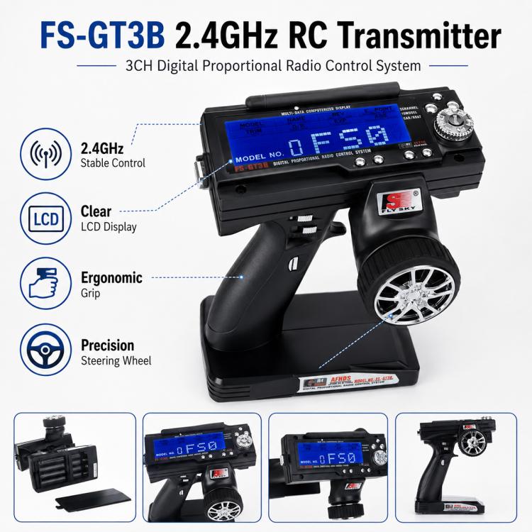 Black RC transmitter with blue LCD display, steering wheel, and ergonomic grip