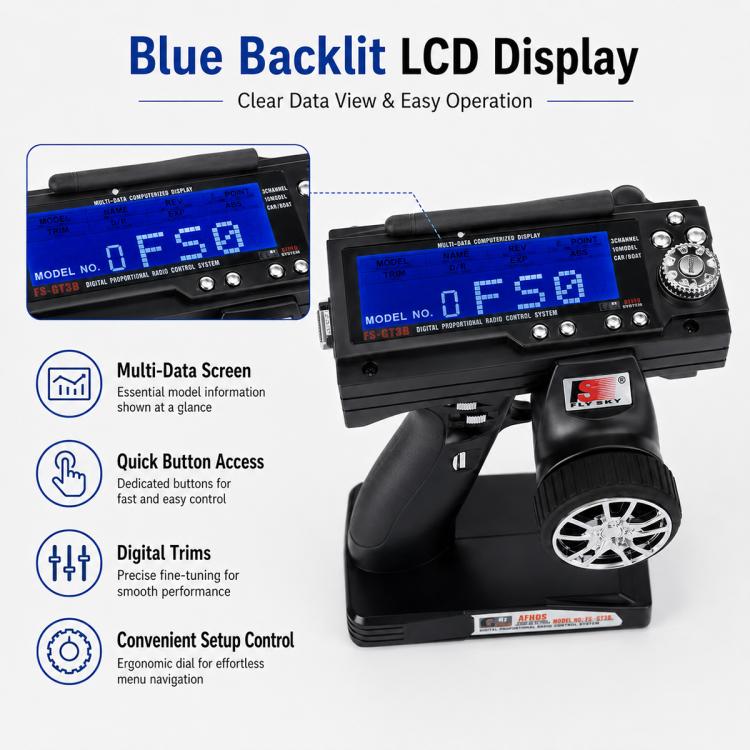 Black RC transmitter with blue backlit LCD screen and side control buttons