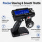 Black FlySky RC transmitter showing trigger, steering wheel, and blue LCD display