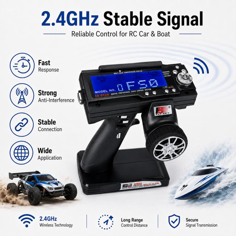 Black RC 2.4GHz transmitter with blue LCD screen and large steering wheel