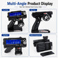RC transmitter shown from multiple angles with blue LCD and open battery compartment