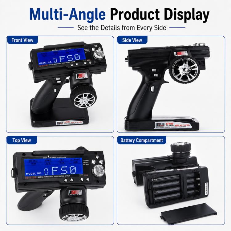 RC transmitter shown from multiple angles with blue LCD and open battery compartment