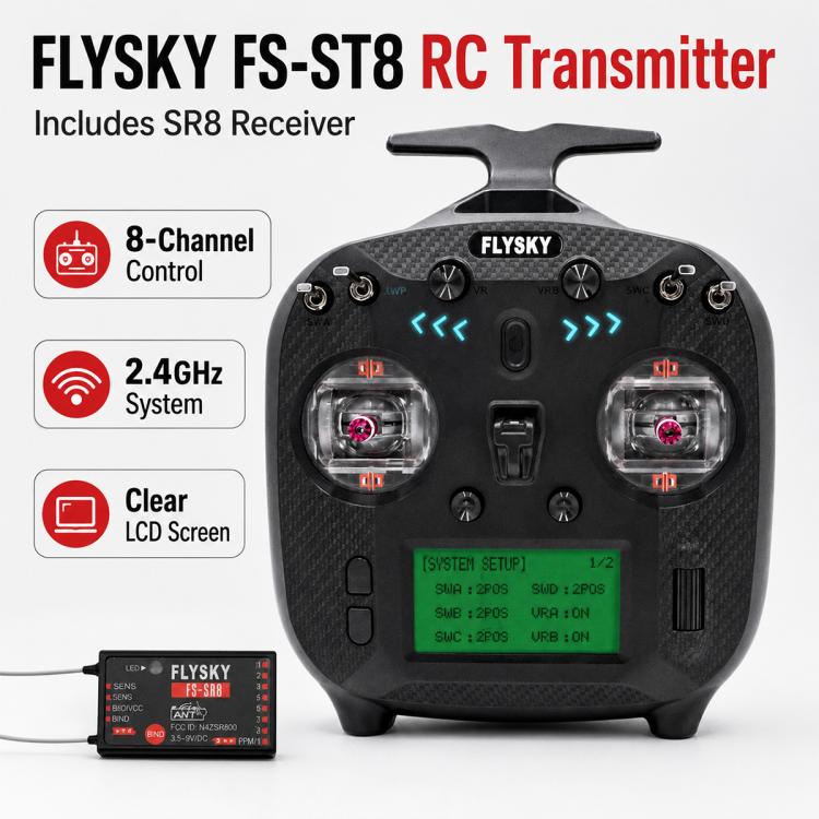 FlySky FS-ST8 RC transmitter with LCD screen and SR8 receiver included