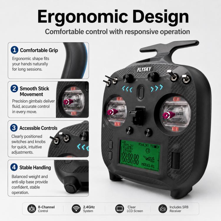 FlySky FS-ST8 ergonomic RC transmitter with dual joysticks and LCD screen