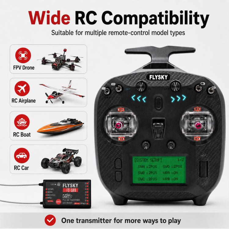 FlySky FS-ST8 2.4G RC transmitter for drones, boats, and cars, LCD screen