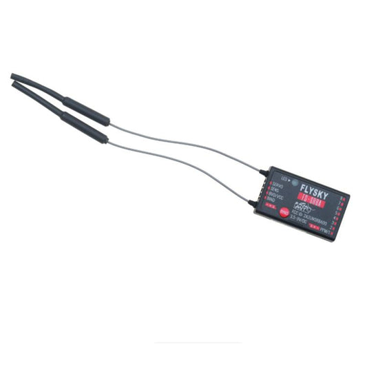 8-channel radio receiver with FlySky label, black case, two antenna wires