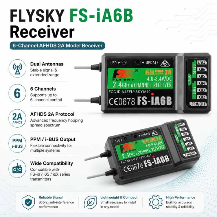 FlySky FS-iA6B 6-channel AFHDS 2A receiver, black case with antenna leads