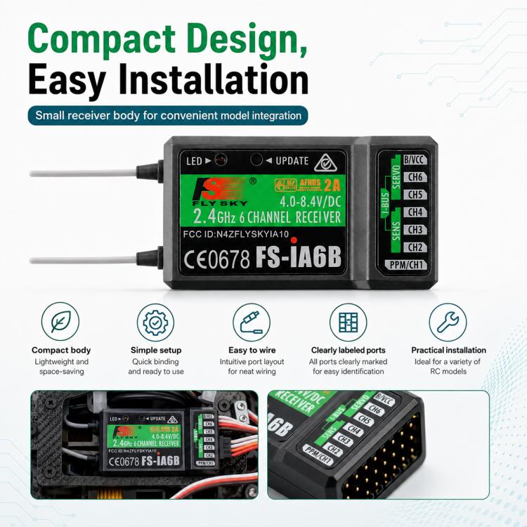 FlySky FS-iA6B 6-channel compact receiver with dual antenna leads and side connectors