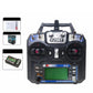 FlySky RC transmitter controller front view with dual joysticks and blue side accents