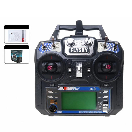FlySky RC transmitter controller with center display, top dial, and dual joystick grips