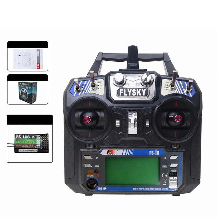 FlySky RC transmitter controller showing green LCD screen and blue FS-16 label