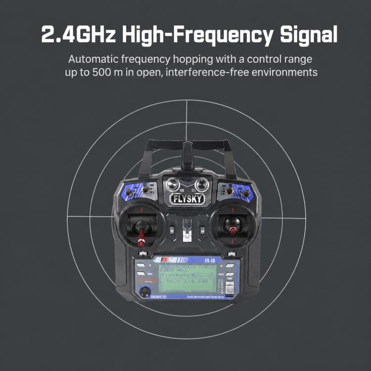 FlySky RC transmitter controller with LCD screen and signal range circle graphic