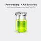 AA battery cylinder with green liquid, powered by four batteries