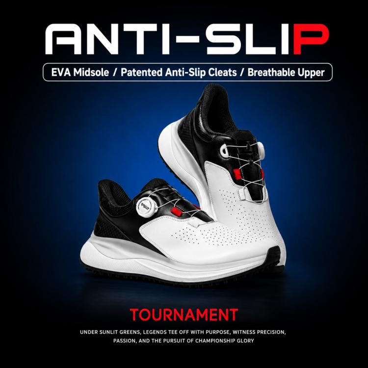 Men’s golf shoe pair shown with white uppers, black quarters, and cleated anti-slip tread.