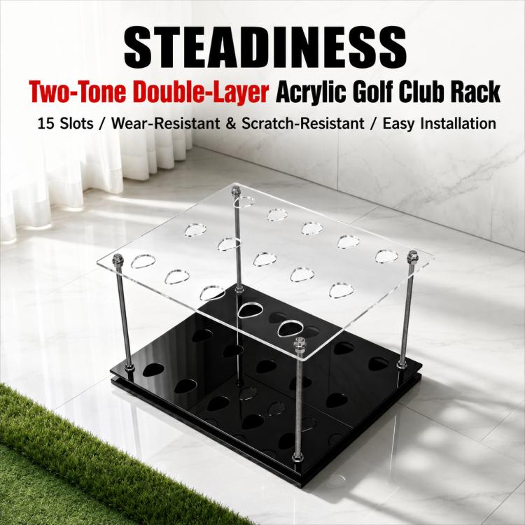 PGM two-tier clear-and-black acrylic golf club rack with 15 club slots and posts