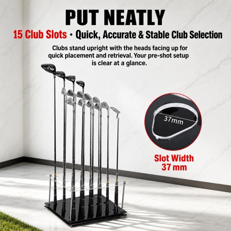 PGM clear-top acrylic golf club rack holding upright clubs in 15 slots